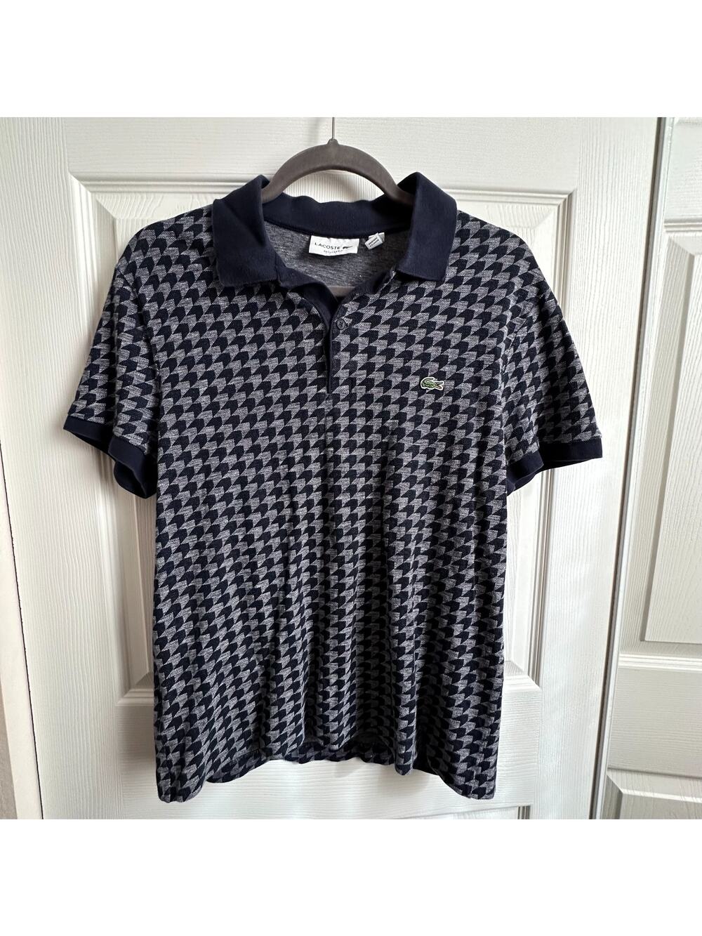 Lacoste Men's Sz Med Blue Caviar Pique Linen Blend Houndstooth Short Sleeve Polo
